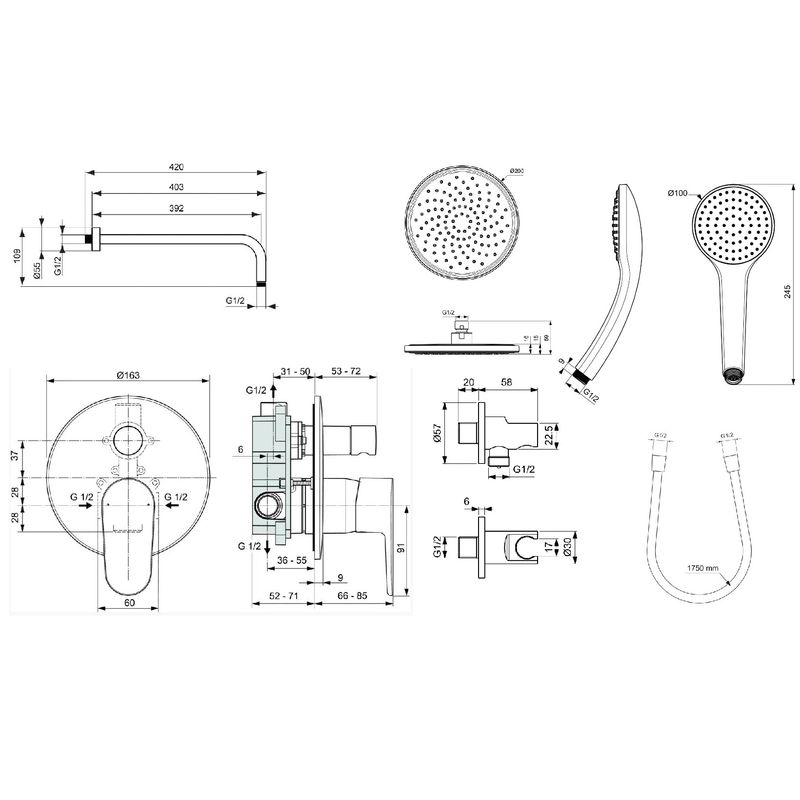 Система для душа скрытого монтажа Ideal Standard Cerafine Model O SetA7193XG 6 в 1 верхний душ 200 мм черный матовый