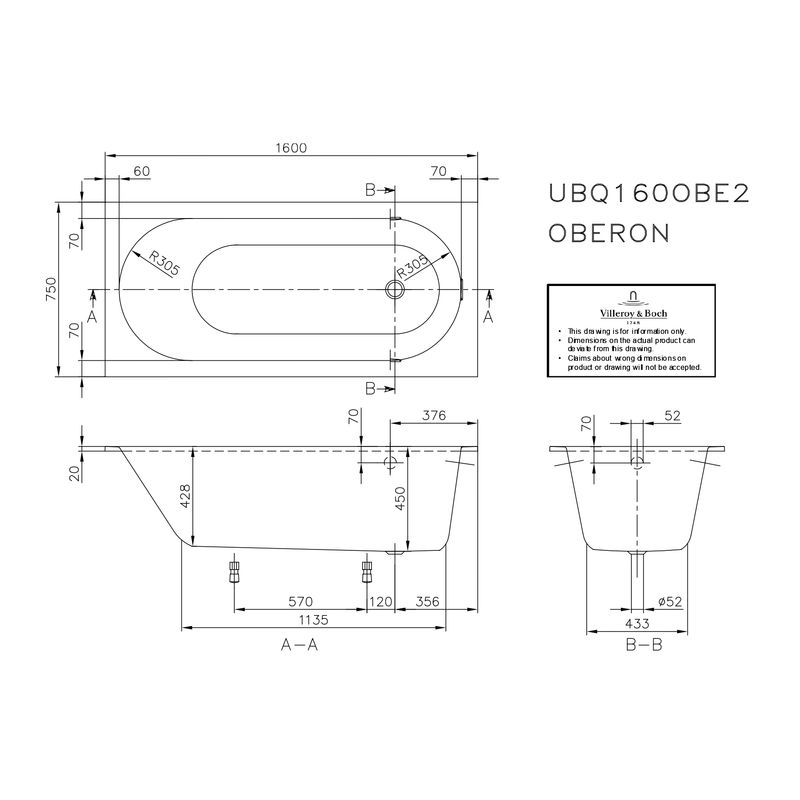 Квариловая ванна Villeroy&Boch Oberon UBQ160OBE2V-01 160×75 с ножками без отв перелива белая