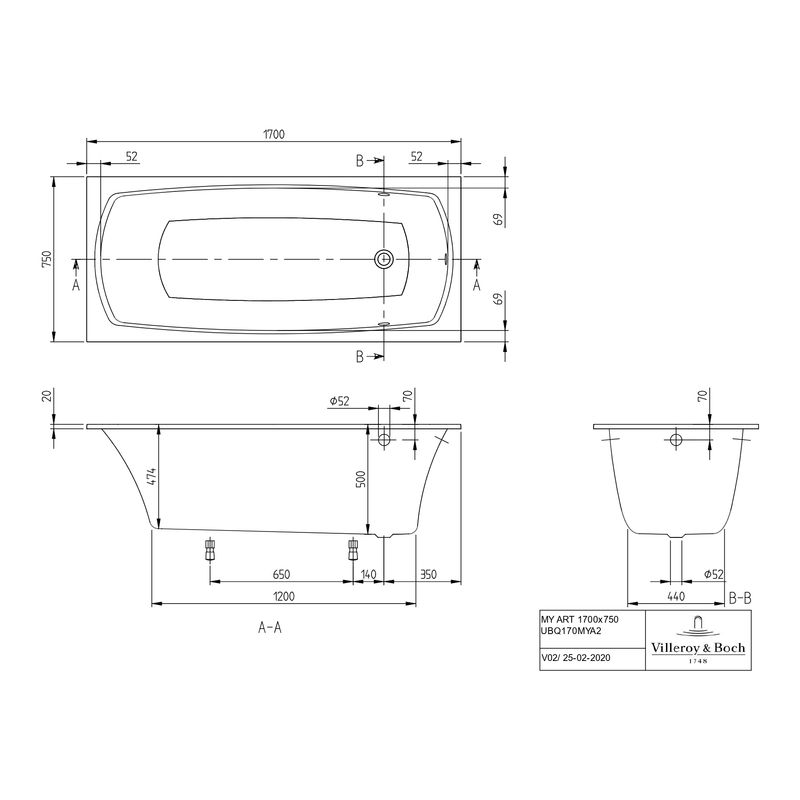 Квариловая ванна Villeroy&Boch My Art UBQ170MYA2V-01 170×75 с ножками белая