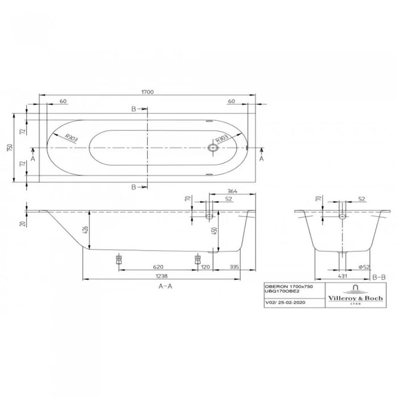 Ванна квариловая Villeroy&Boch Oberon 170x75, с ножками, без отв перелива, белая, UBQ170OBE2V-01