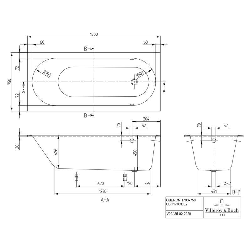 Квариловая ванна Villeroy&Boch Oberon UBQ177OBE2V-01 170×70 с ножками без отв перелива белая