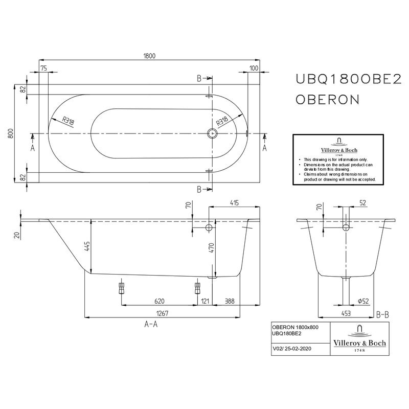 Квариловая ванна Villeroy&Boch Oberon UBQ180OBE2V-01 180×80 с ножками без отв перелива белая