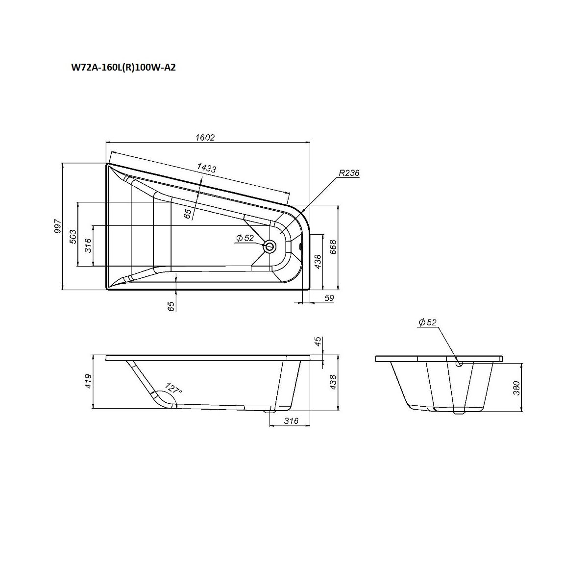 W72A-160L100W-A2 Ванна акриловая spirit  ассиметричная 160x100, без слива/перелива, левосторонняя