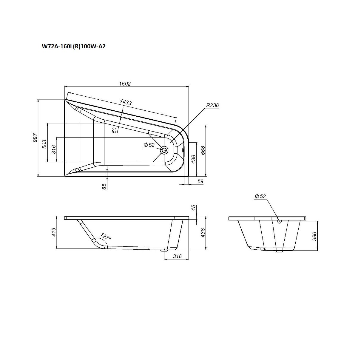 W72A-160R100W-A2 Ванна акриловая spirit  ассиметричная 160x100, без слива/перелива, правосторонняя