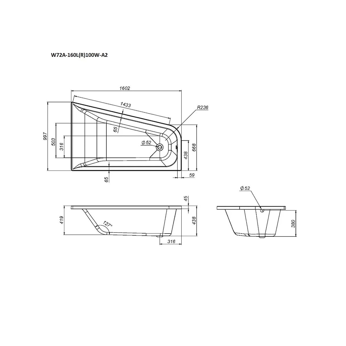 W72A-160R100W-A2 Ванна акриловая spirit  ассиметричная 160x100, без слива/перелива, правосторонняя