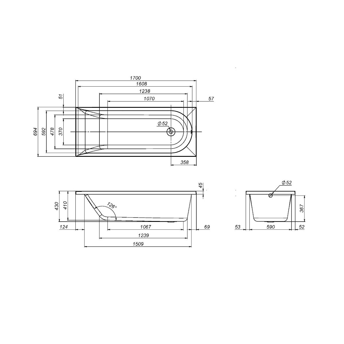 W72A-170-070W-A2 Ванна акриловая spirit 170x70, без слива/перелива