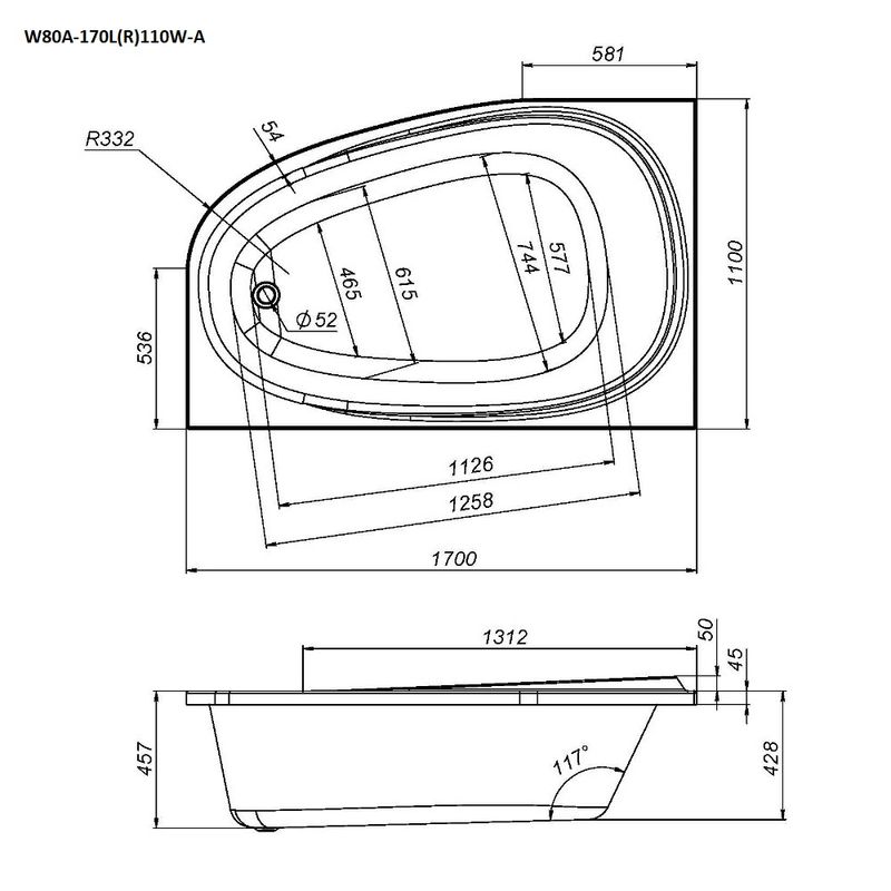 W80A-170L110W-A Like, ванна акриловая 170х110 см, левосторонняя, шт