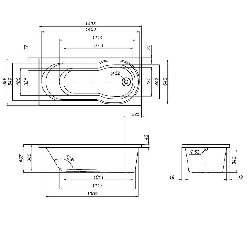 W88A-150-070W-A X-Joy, ванна акриловая A0 150x70 см, шт