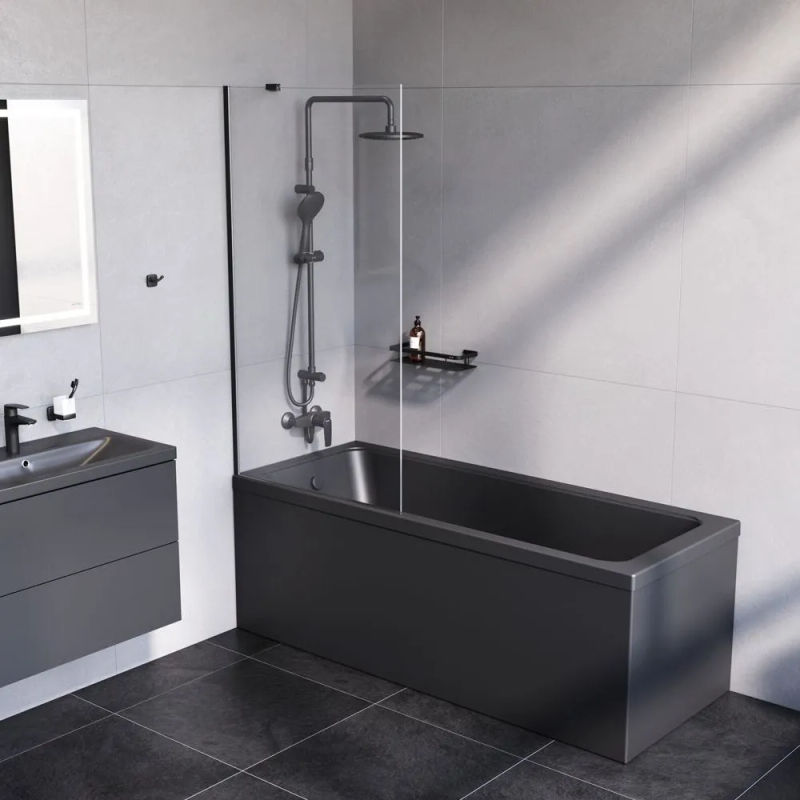 Шторка на ванну AM.PM Gem 80×140 неподвижная / W90BS-080-140BT черный + прозрачное стекло