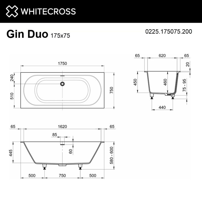 Ванна из искусственного камня WHITECROSS Gin Duo 175x75 solid surface / 0225.175075.200 белый матовый
