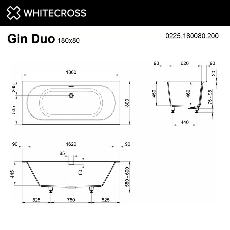Ванна из искусственного камня WHITECROSS Gin Duo 180x80 solid surface / 0225.180080.200 белый матовый