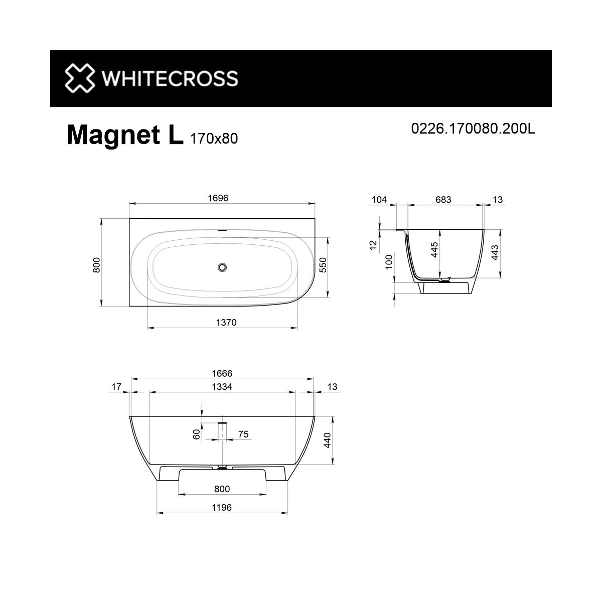 Ванна WHITECROSS Magnet 170x80 L (белый мат) иск. камень