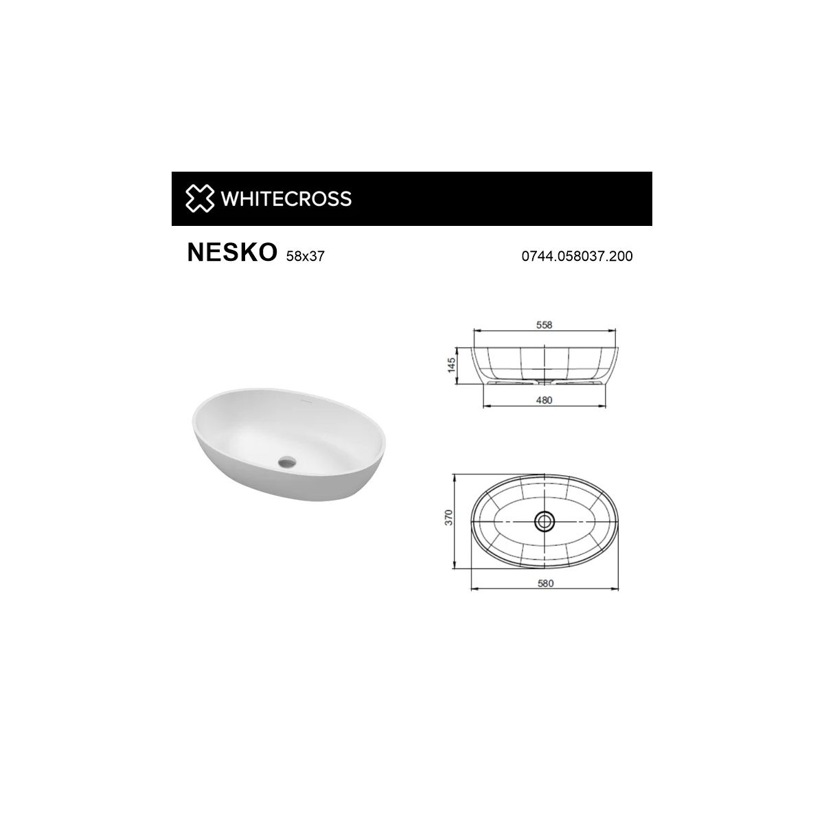 Умывальник WHITECROSS Nesko 58x37 (белый мат) иск. камень