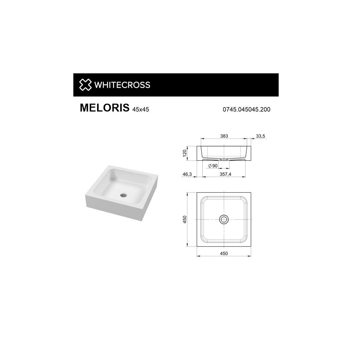Умывальник WHITECROSS Meloris 45x45 (белый мат) иск. камень
