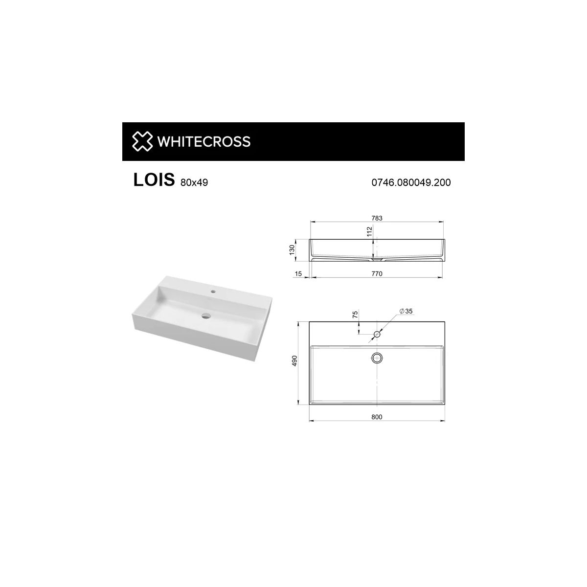 Умывальник WHITECROSS Lois 80x49 (белый мат) иск. камень