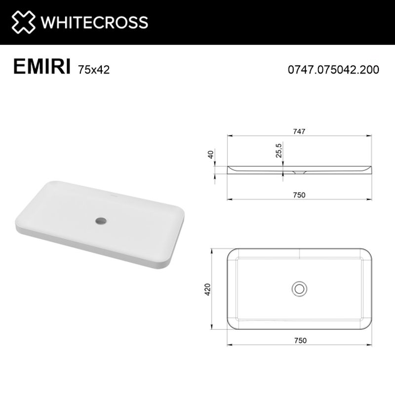 Раковина WHITECROSS Emiri 75x42 иск. камень solid surface / 0747.075042.200 белый матовый