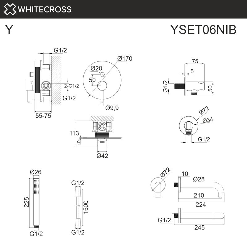Система для ванны скрытого монтажа WHITECROSS Y YSET06NIB (брашированный никель)
