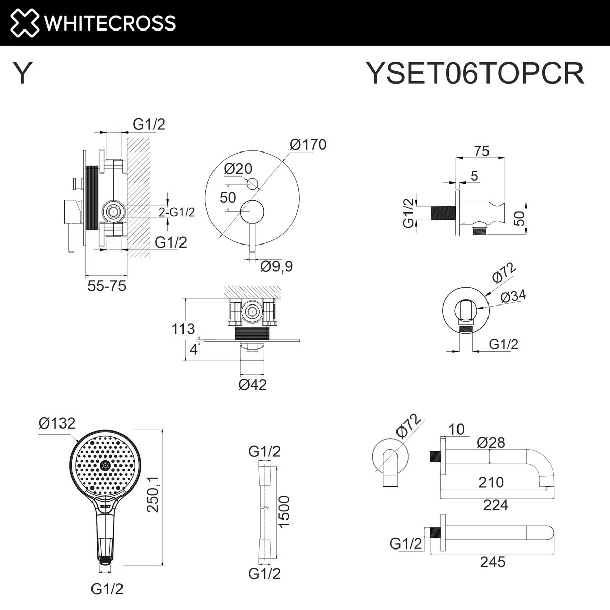 Система для ванны скрытого монтажа WHITECROSS Y YSET06TOPCR (хром)