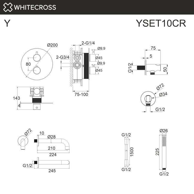 Душевой гарнитур скрытого монтажа WHITECROSS Y YSET10CR (хром) термостатический