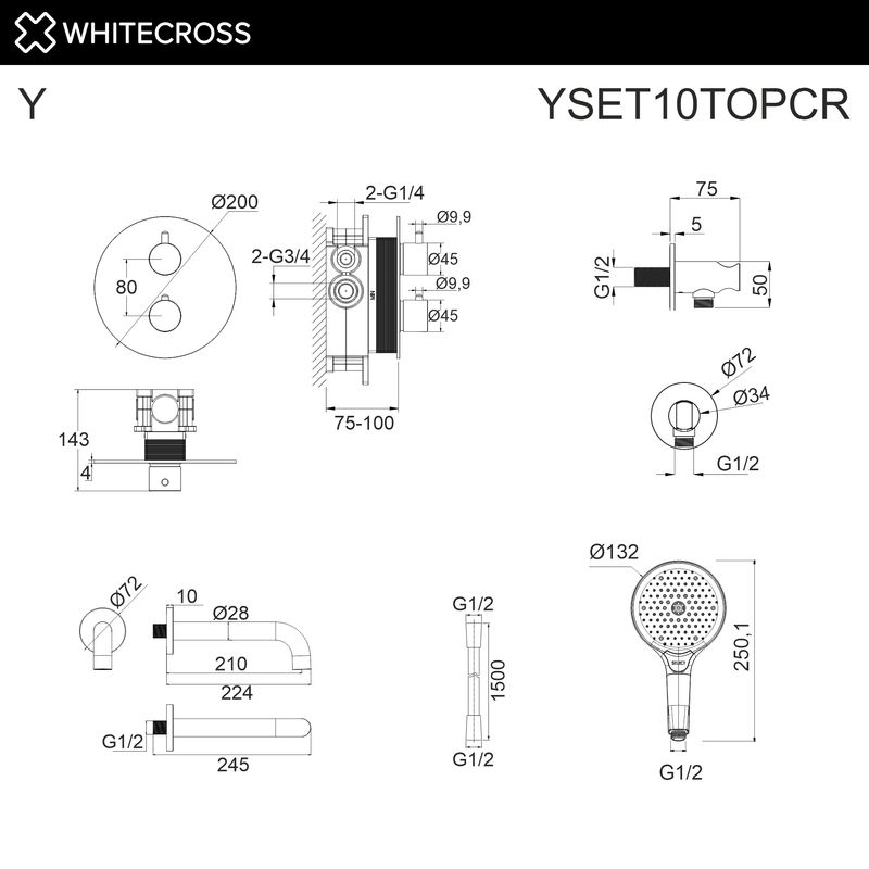 Термостатическая система для ванны скрытого монтажа WHITECROSS Y YSET10TOPCR (хром)