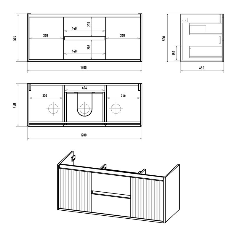 Тумба с раковиной Brevita Wine 120 подвесная с 2 ящ. 2 дв. + Brevita Onda 120 / Win-09120-01-01-2Я+B-OND120-01 белый