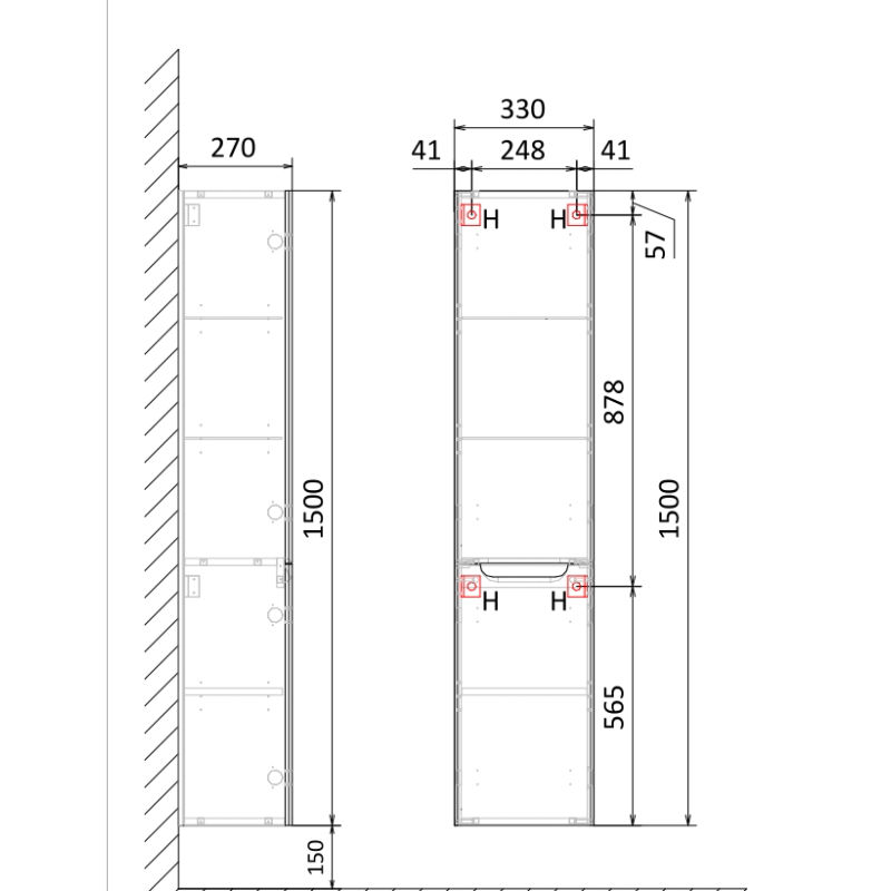 Шкаф-пенал для ванной Jorno Wood 150 подвесной / Wood.04.150/P/GR антрацит