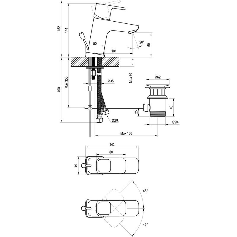 Смеситель для раковины Ravak TD 011.00 с донным клапаном 140 мм X070063