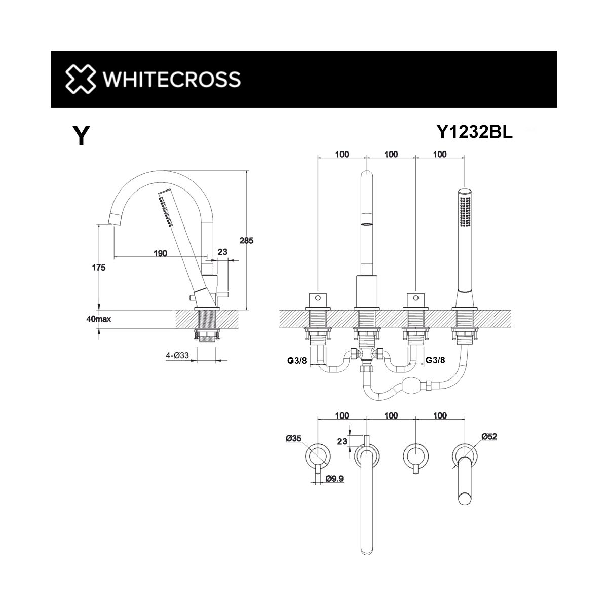 Смеситель для ванны на 4 отверстия WHITECROSS Y Y1232BL (черный мат)