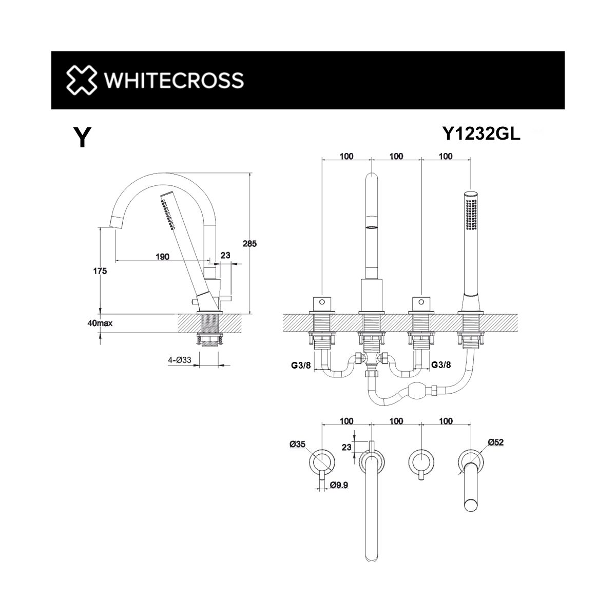 Смеситель для ванны на 4 отверстия WHITECROSS Y Y1232GL (золото)