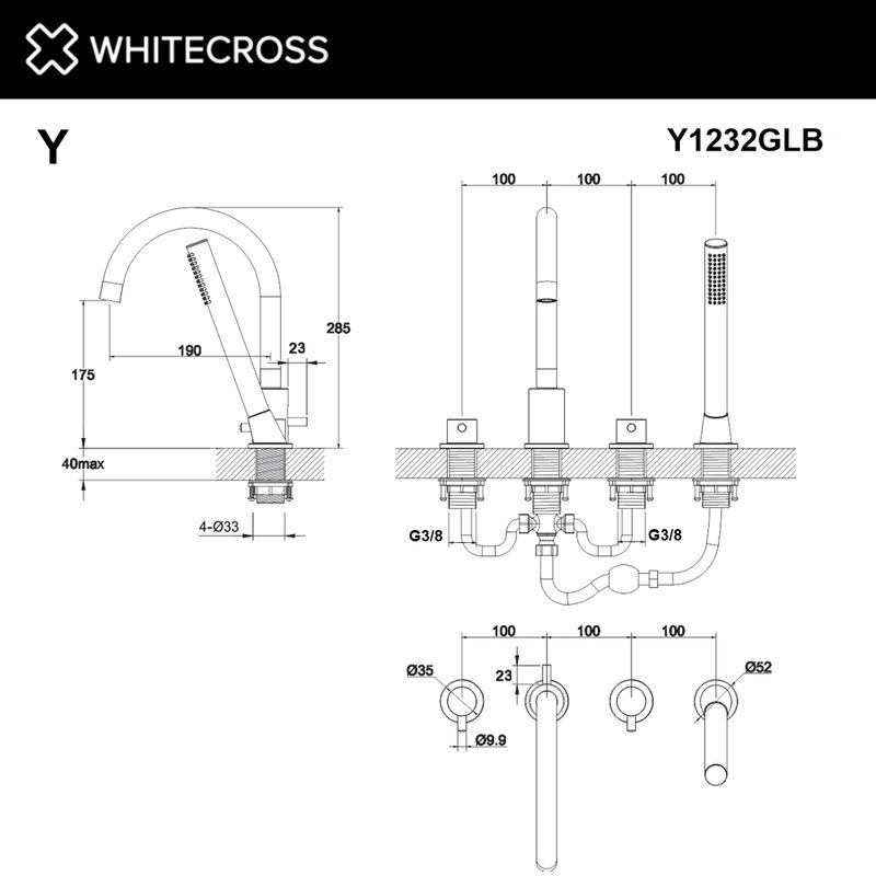 Смеситель для ванны WHITECROSS Y Y1232GLB на 4 отверстия (брашированное золото)