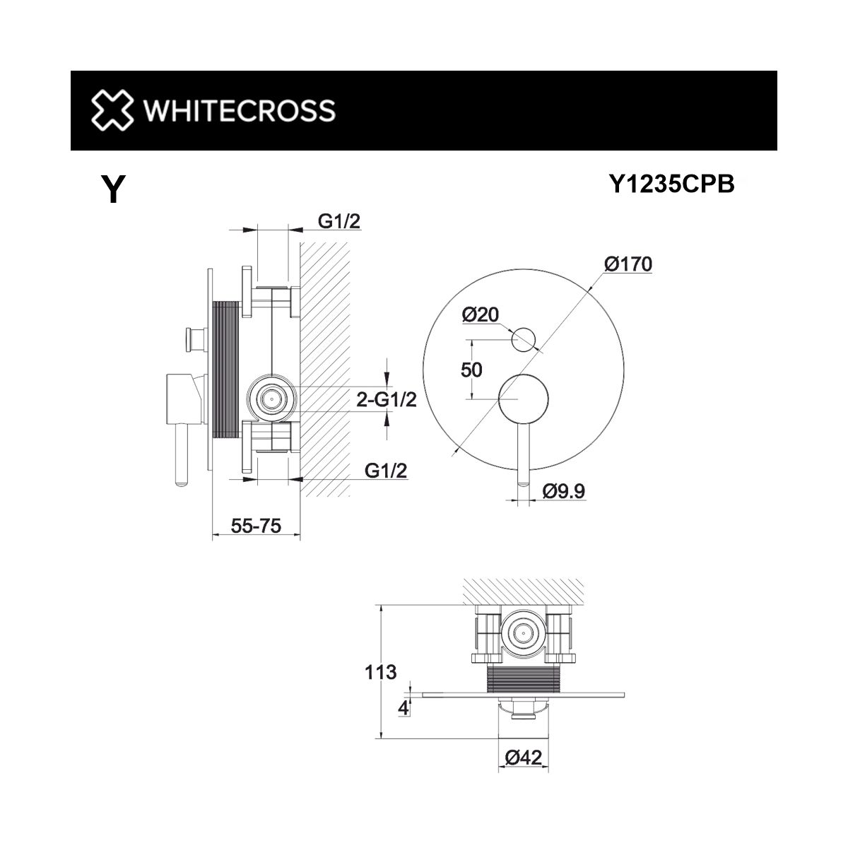 Смеситель скрытого монтажа на 2 потребителя WHITECROSS Y Y1235CPB (брашированная медь)
