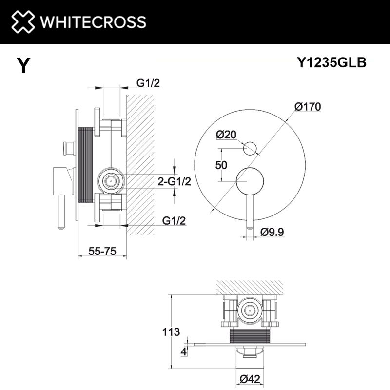 Смеситель скрытого монтажа для душа WHITECROSS Y Y1235GLB на 2 потребителя (брашированное золото)