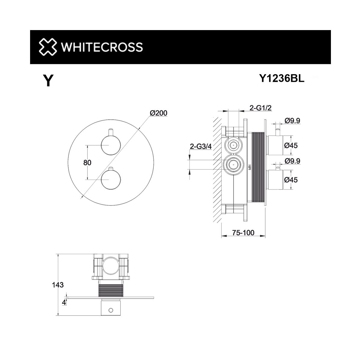 Смеситель термостат скрытого монтажа на 2 потребителя WHITECROSS Y Y1236BL (черный мат)