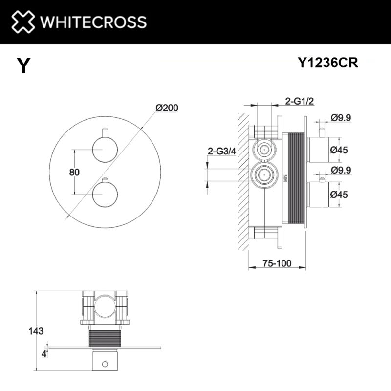 Смеситель термостат скрытого монтажа на 2 потребителя WHITECROSS Y Y1236CR (хром)