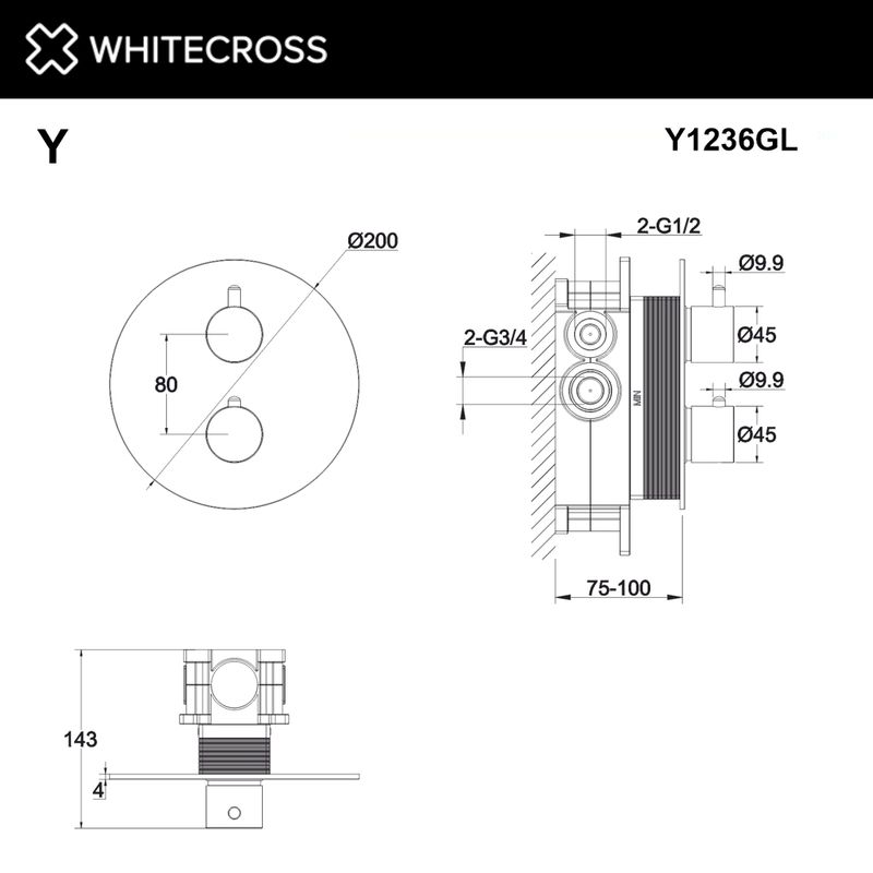Смеситель термостат скрытого монтажа на 2 потребителя WHITECROSS Y Y1236GL (золото)