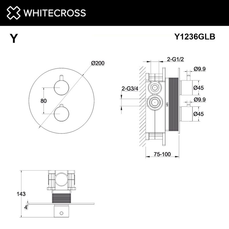Смеситель термостат скрытого монтажа на 2 потребителя WHITECROSS Y Y1236GLB (брашированное золото)