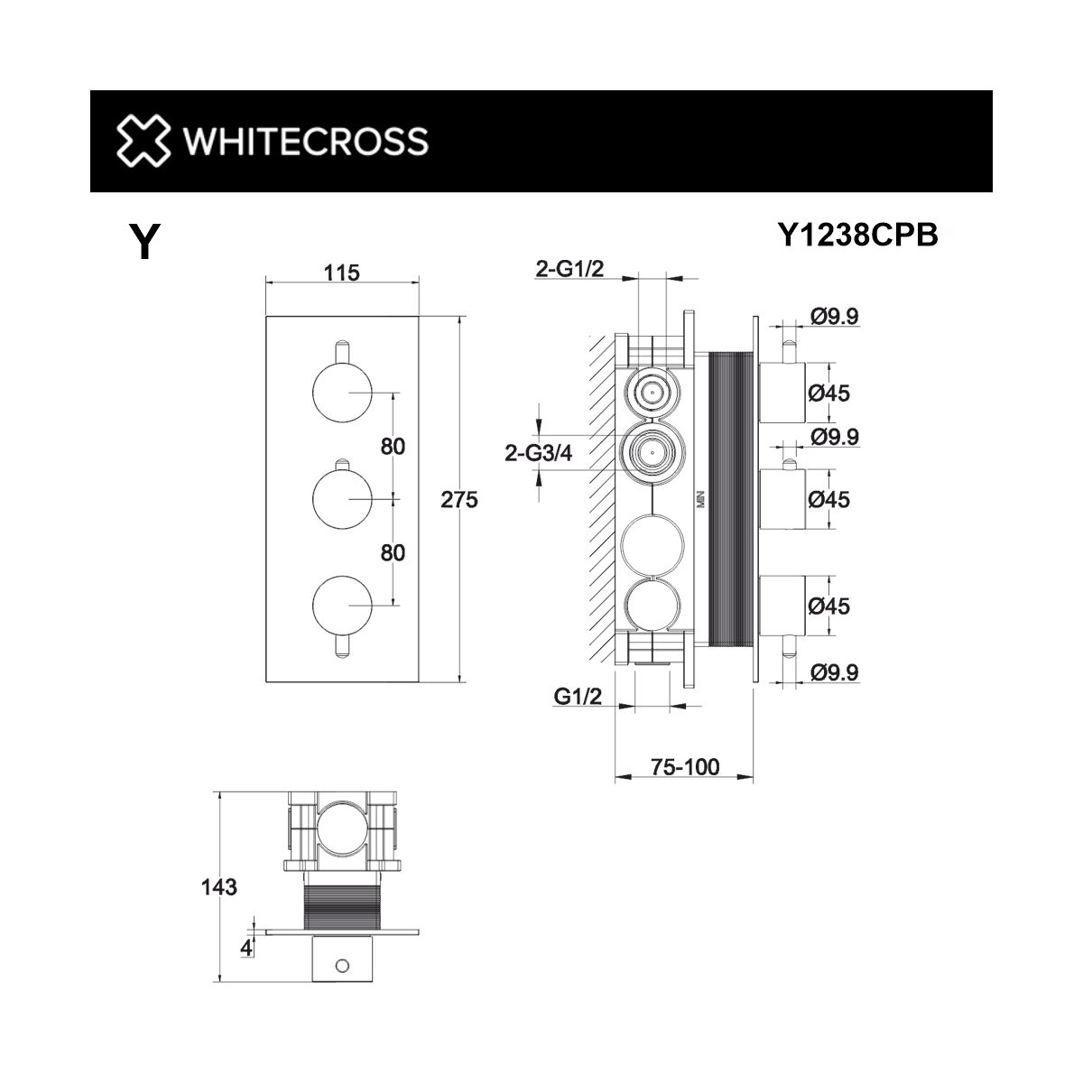 Смеситель термостат скрытого монтажа на 3 потребителя WHITECROSS Y Y1238CPB (брашированная медь)