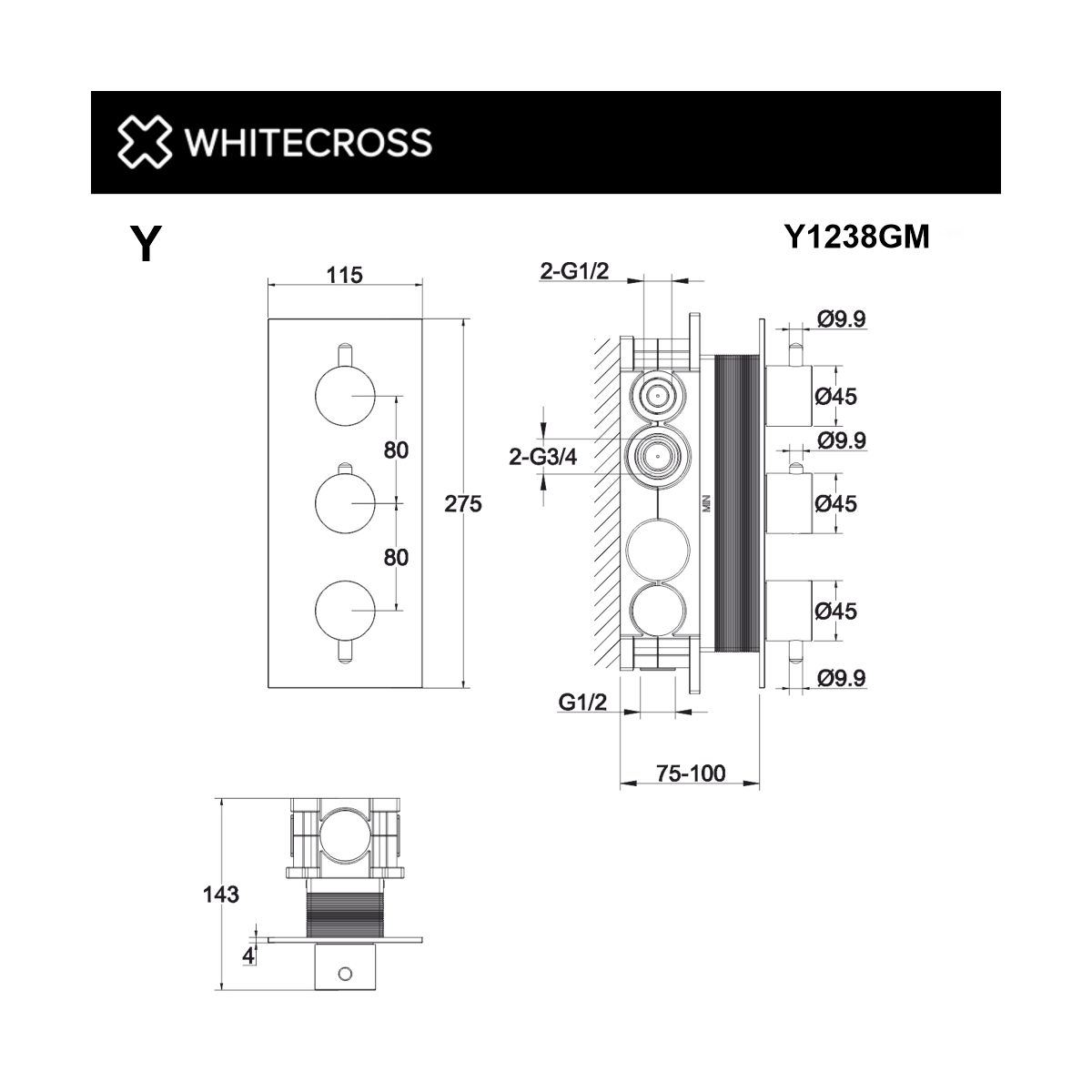 Смеситель термостат скрытого монтажа на 3 потребителя WHITECROSS Y Y1238GM (оружейная сталь)