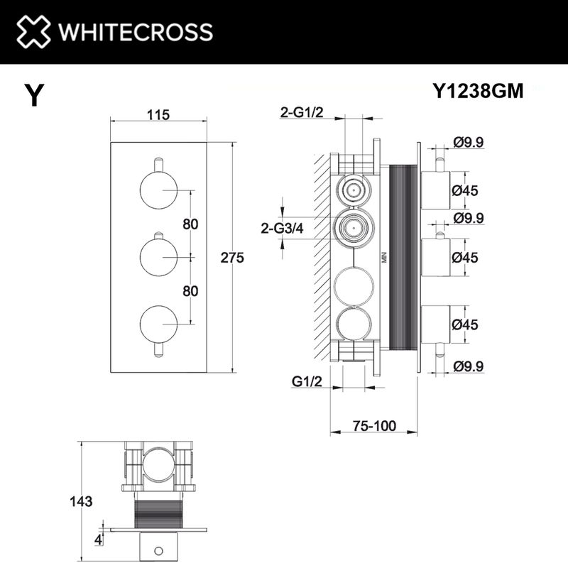Смеситель скрытого монтажа для душа WHITECROSS Y Y1238GM термостатический на 3 потребителя (оружейная сталь)