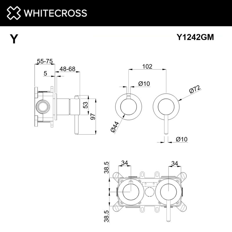 Смеситель скрытого монтажа для душа WHITECROSS Y Y1242GM на 2 потребителя (оружейная сталь)