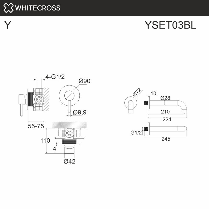 Система для ванны скрытого монтажа WHITECROSS Y YSET03BL (черный мат)