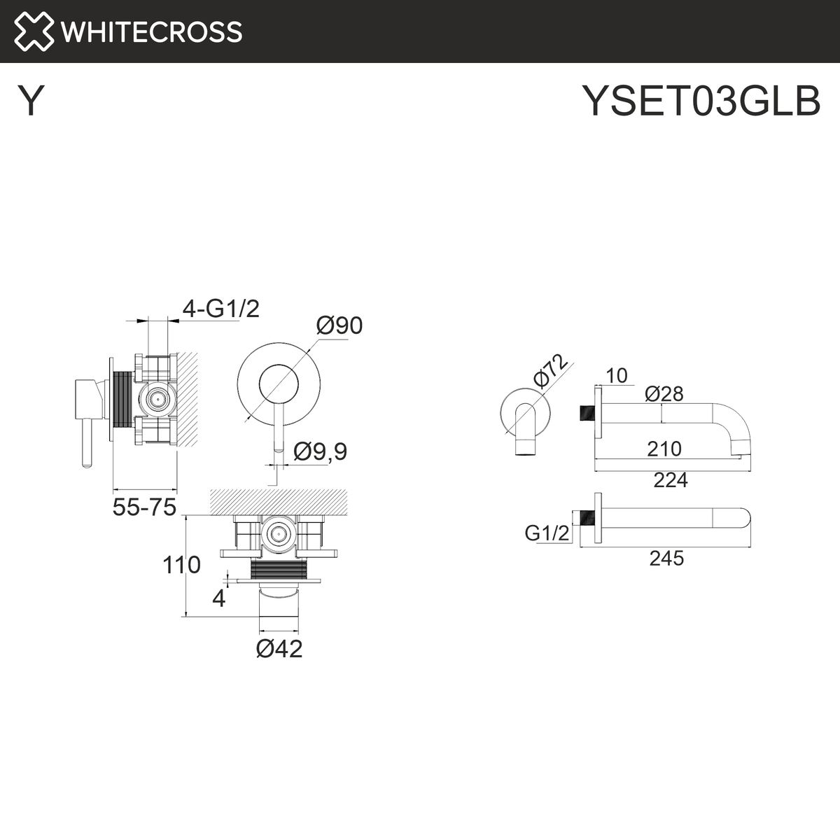 Система для ванны скрытого монтажа WHITECROSS Y YSET03GLB (брашированное золото)