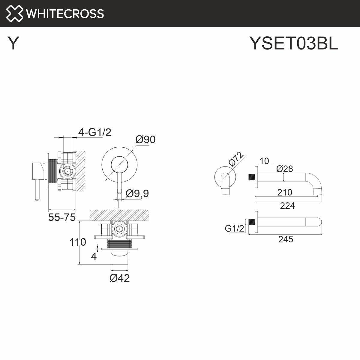 Система для ванны скрытого монтажа WHITECROSS Y YSET03GLB (брашированное золото)