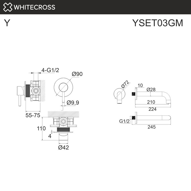 Система для ванны скрытого монтажа WHITECROSS Y YSET03GM (оружейная сталь)