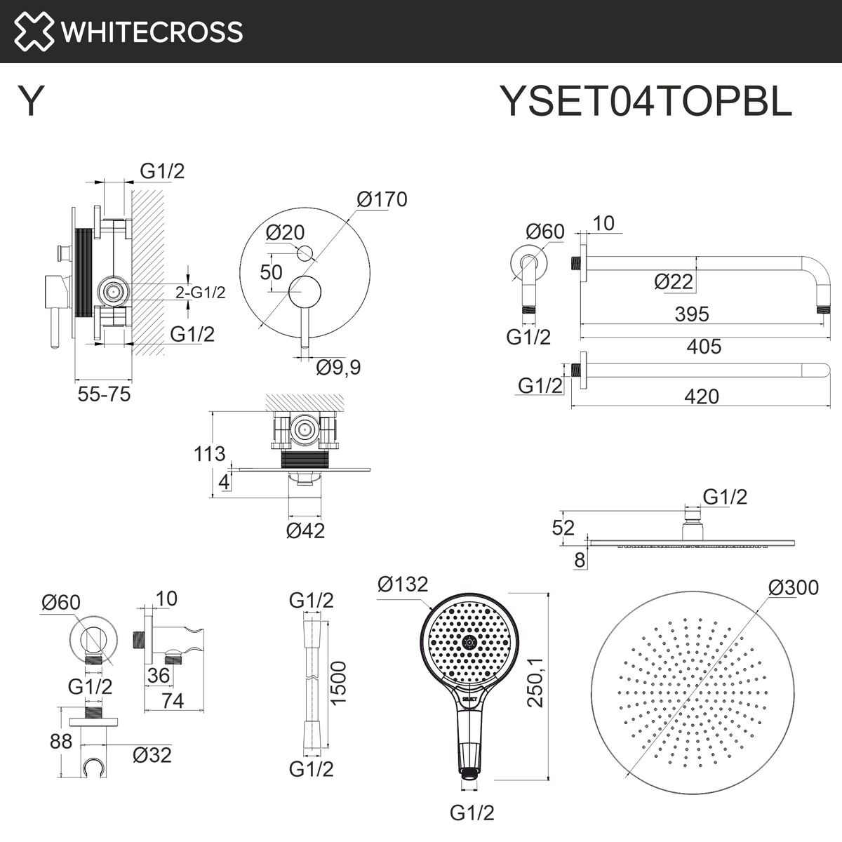 Система для душа скрытого монтажа WHITECROSS Y YSET04TOPBL (черный мат)