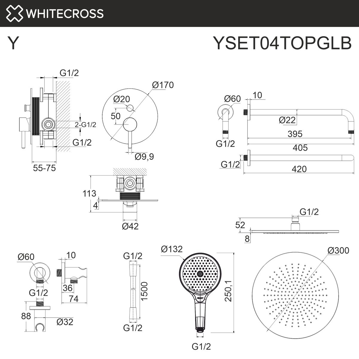 Система для душа скрытого монтажа WHITECROSS Y YSET04TOPGLB (брашированное золото)