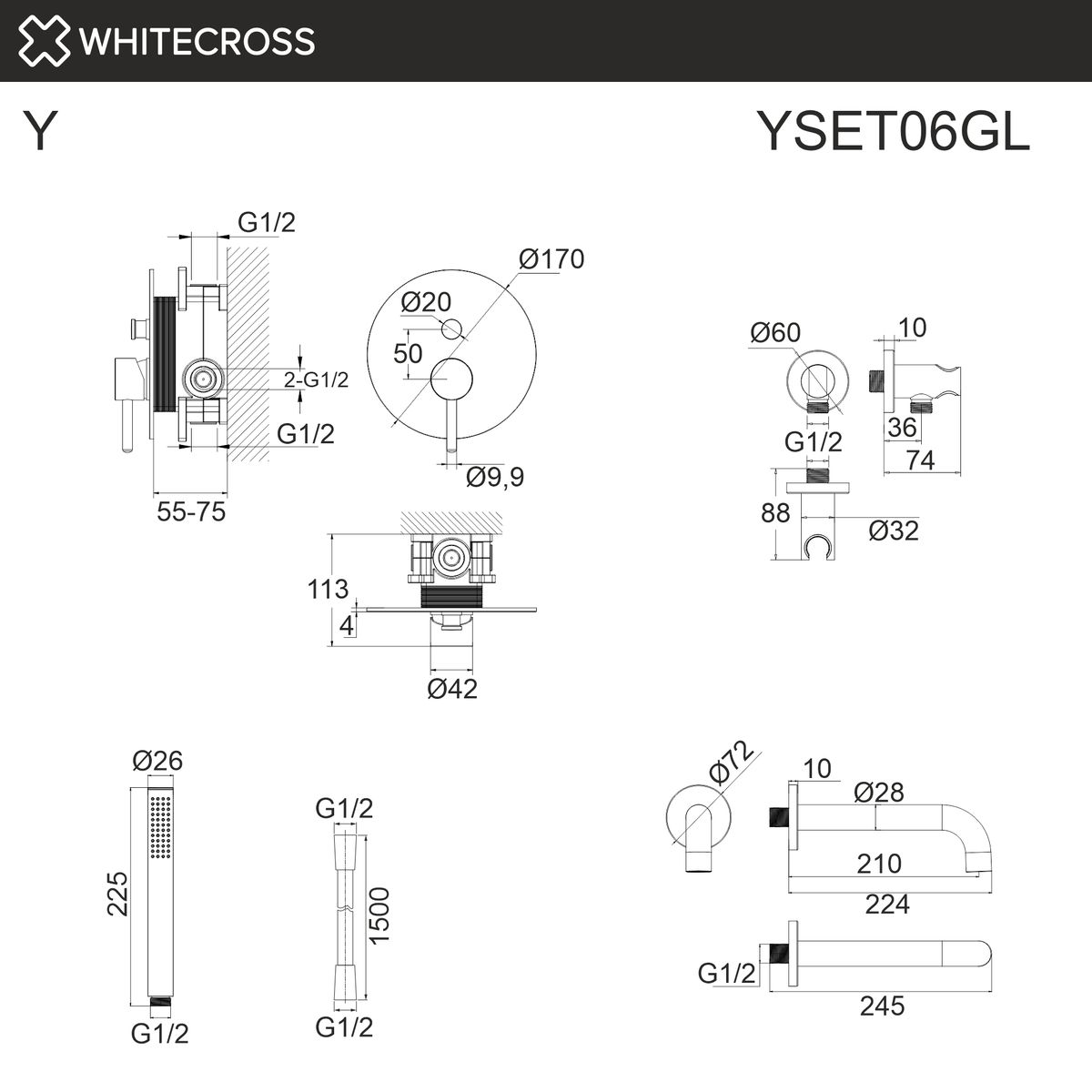 Система для ванны скрытого монтажа WHITECROSS Y YSET06GL (золото)