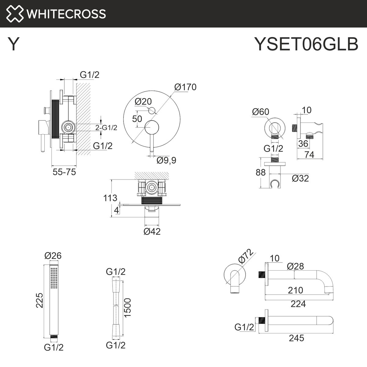 Система для ванны скрытого монтажа WHITECROSS Y YSET06GLB (брашированное золото)