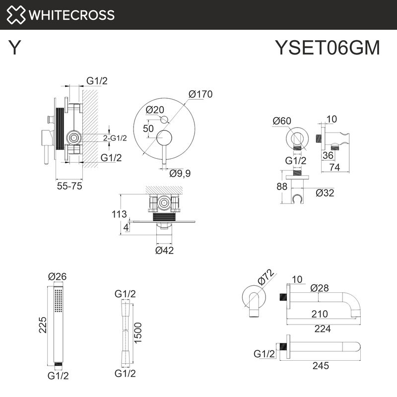 Система для ванны скрытого монтажа WHITECROSS Y YSET06GM (оружейная сталь)