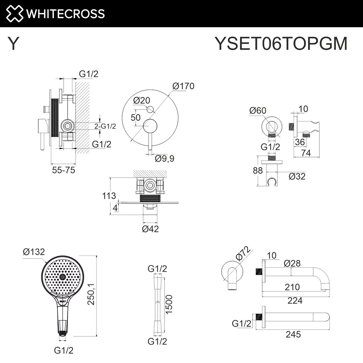 Система для ванны скрытого монтажа WHITECROSS Y YSET06TOPGM (оружейная сталь)
